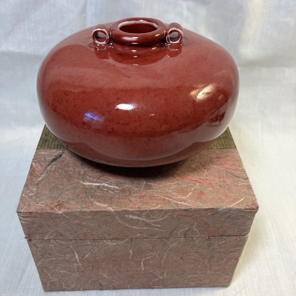 Red Ceramic Glazed Small Squat Vase. Used.  Original Box.
